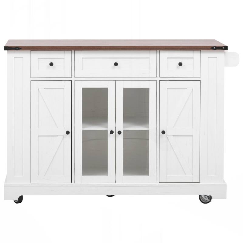 Kitchen Island with Two Tempered Glass Cabinet Doors, Power Outlet, Rolling Kitchen Cart on Wheels with Drop Leaf