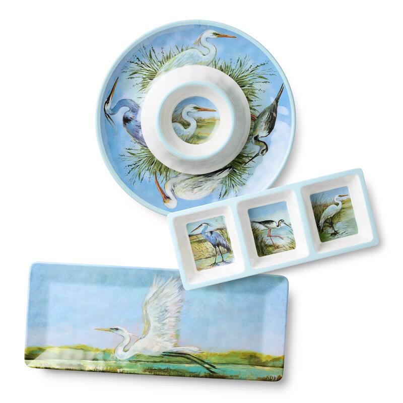 Certified International Coastal Birds Melamine 3pc Hostess Set - 19.00"L x 8.00"W x 0.75"H