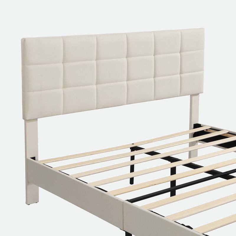 Platform Bed Frame with Fabric Upholstered Headboard and Wooden Slats