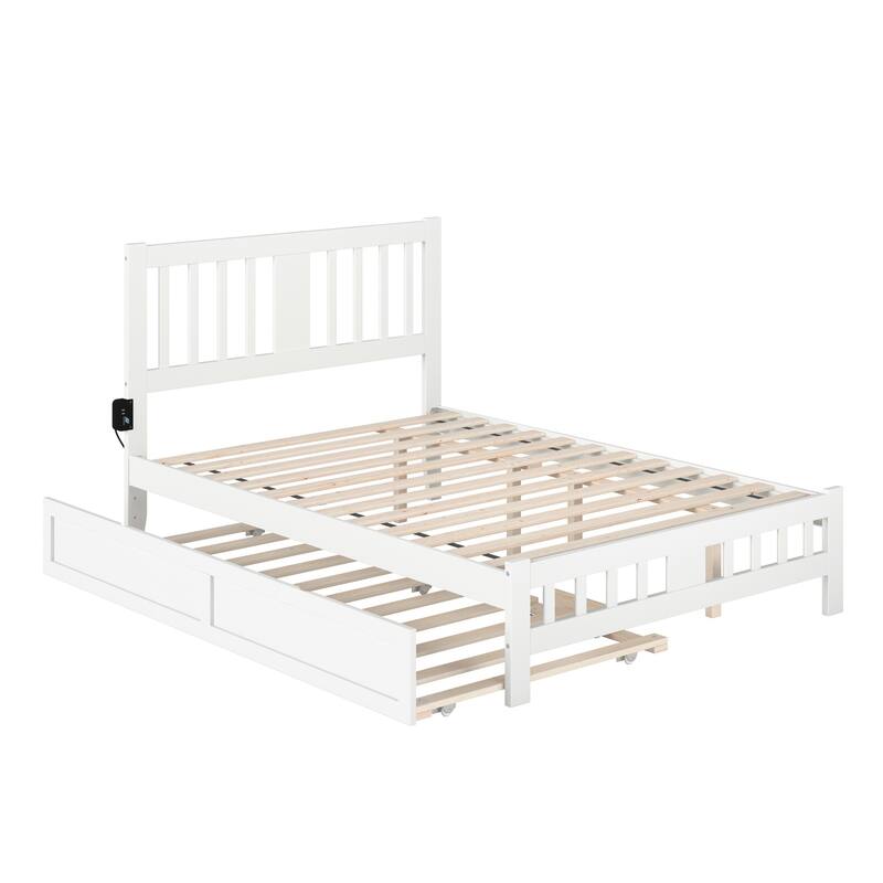 Full Bed with Trundle - White Wood Platform Bed Frame, Twin Size, Modern Design
