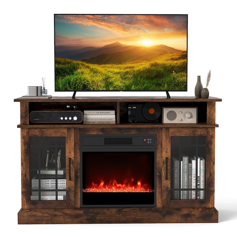 MDF Fireplace TV Stand with RGB LED, Remote and Storage - 48" L x 16" W x 29" H