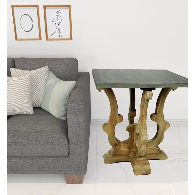 Rustic 24" End Table with Solid Wood Base and Grey Metal Top for Living Room or Bedroom - 24"H x 24"W x 24”L