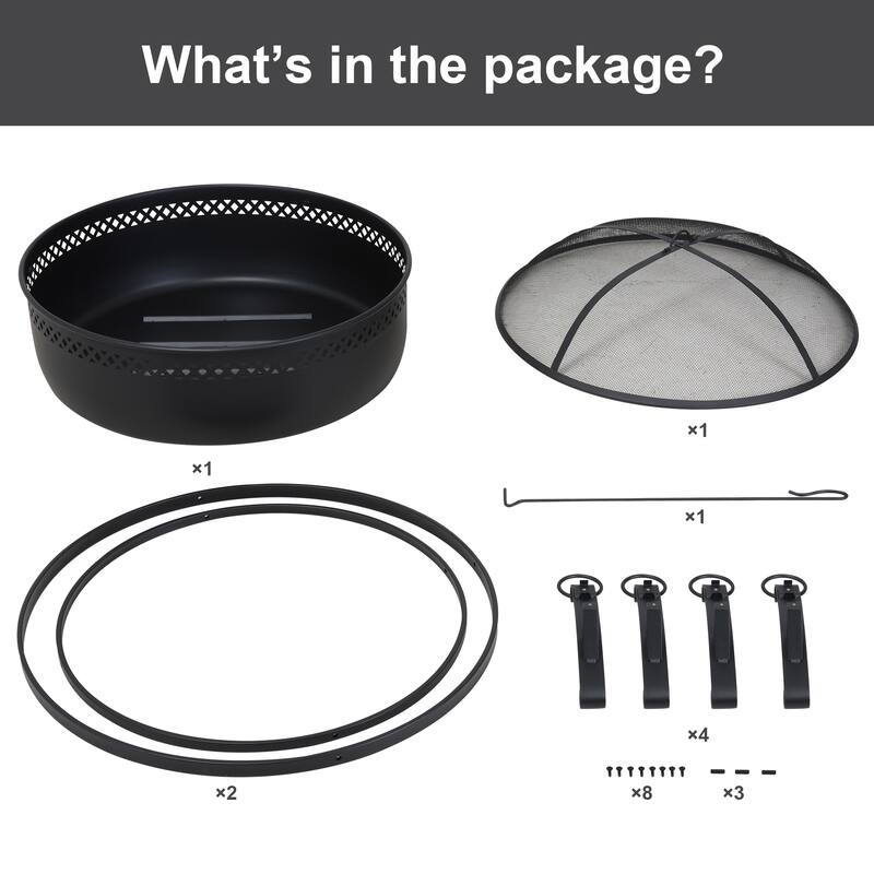 Black Cross Weave Large Round Steel Wood Burning Fire Pit with Spark Screen