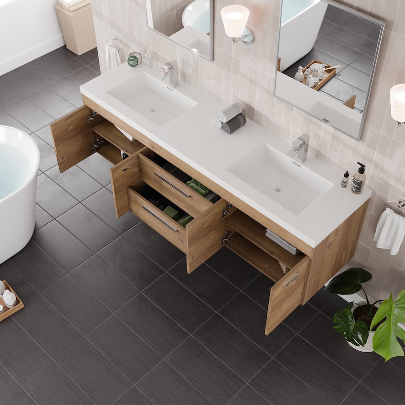Lugano 72"W Wall Mount Bath Vanity with Acrylic Top & Integrated Sinks