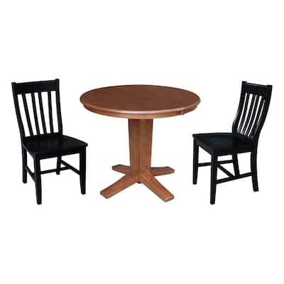 36 in Round Extension Dining Table with 12 in Leaf and Dining Chairs in Distressed Oak