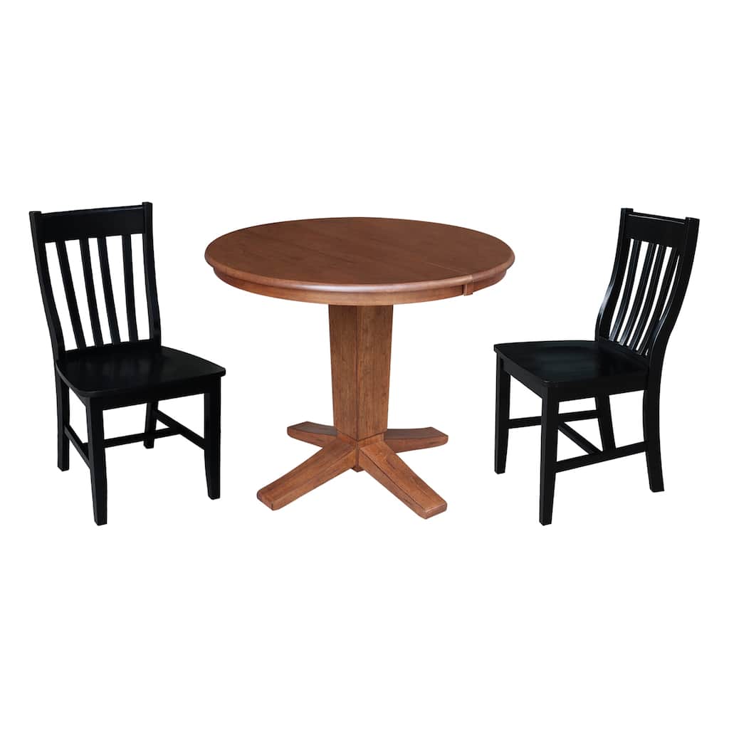 36 in Round Extension Dining Table with 12 in Leaf and Dining Chairs in Distressed Oak