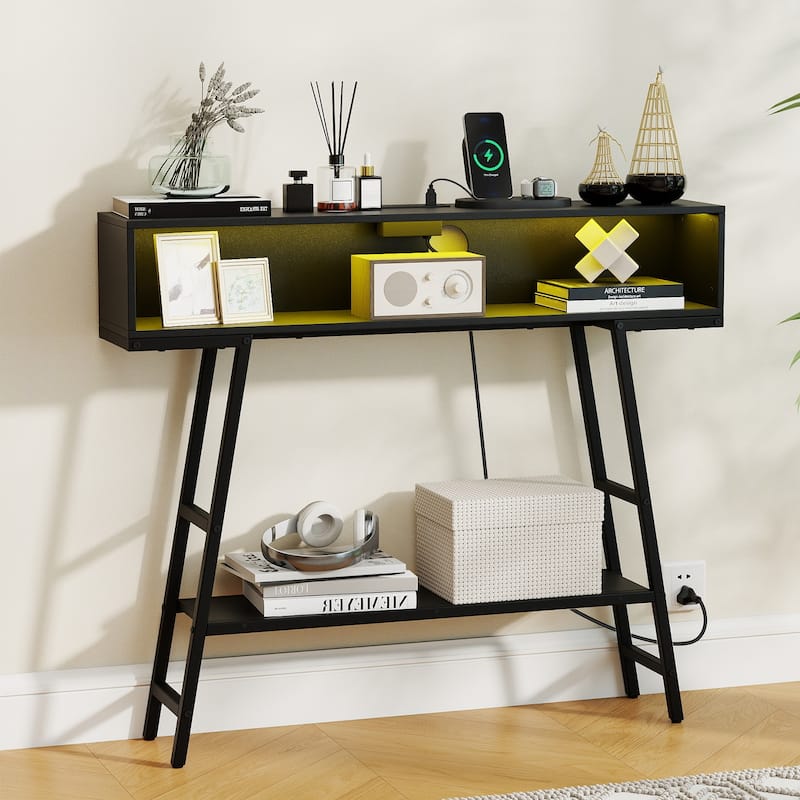 Gymax 40'' Console Table w/ Power Strip 3-Tier Entryway Table w/ RGB - Black