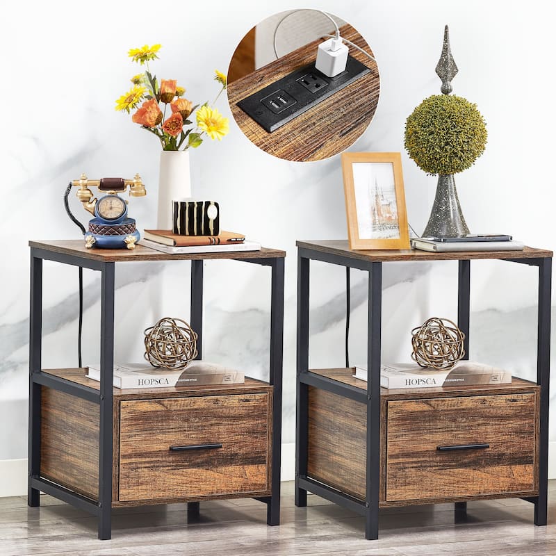 Javlergo Set of 2 Nightstand with Charging Station and Drawers, End Side Tables with Open Storage Shelf - Brown