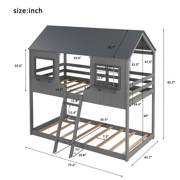 Twin Over Twin Bunk Bed Wood Bed with Roof and Window