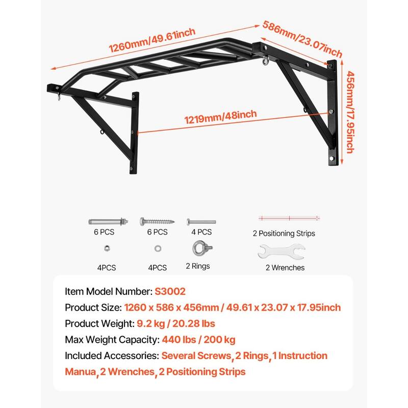 Black Wall Mounted Pull Up Bar with 10 Grip Positions Heavy Duty Steel Chin Up Bar for Home or Gym - 49.61” x 23.07” x 17.95”