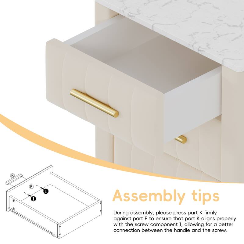 Upholstered Wooden Nightstand with 3-Drawer and Metal Legs and Handles