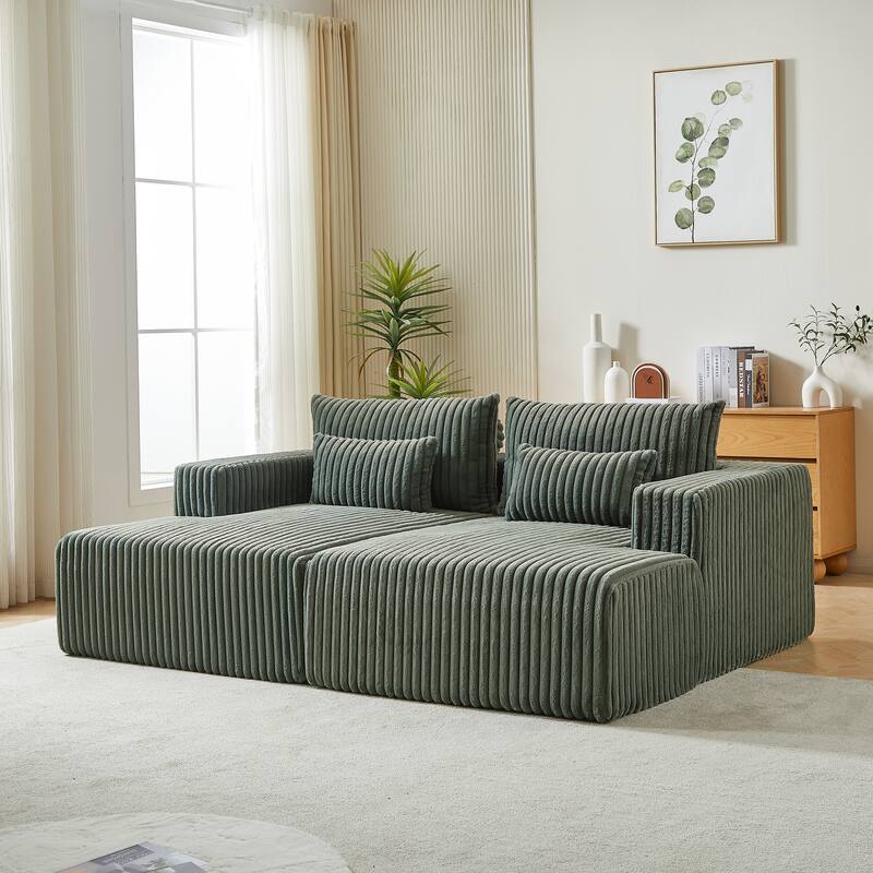 87'' Lounge Chaise Sleeper Sofa - Soft Corduroy Couch with Ottoman Bench and Pillow Support