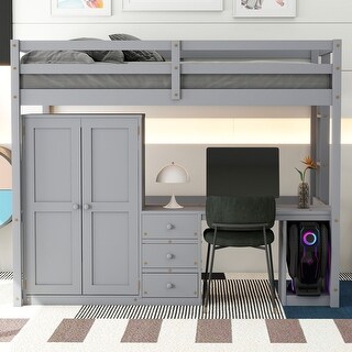 Full Loft Bed with Wardrobe, Desk & Drawers - Space-Saving Design, Grey