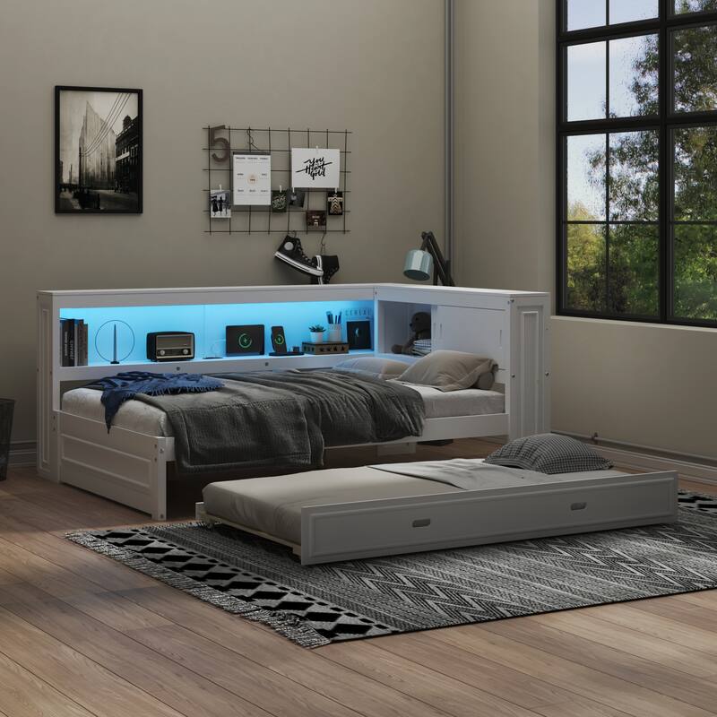 Full Size Wooden Daybed with Pull-Out Trundle, LED-Lit Storage Shelves, USB Charging Port, and Sliding Doors