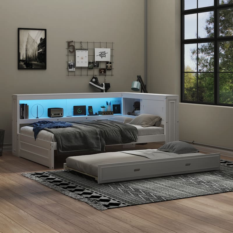 Modern Full Size Daybed with Trundle Bed and Bookcase, L Shaped Solid Wood Corner Bed Frame with LED Lights and USB Ports