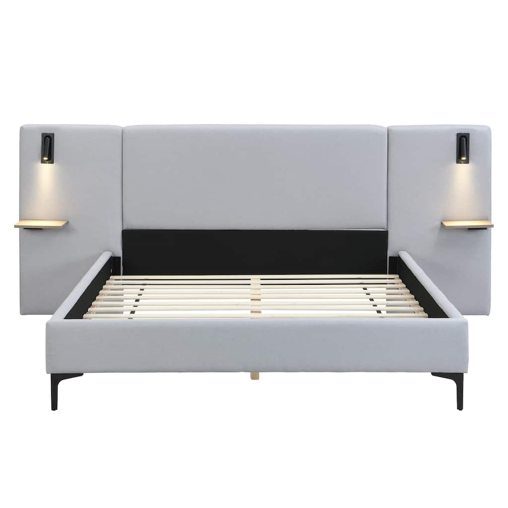 Chic Queen/King Size Upholstered Platform Bed with Oversized Headboard, Linen Fabric Bedframe with Integrated Lights and Shelves