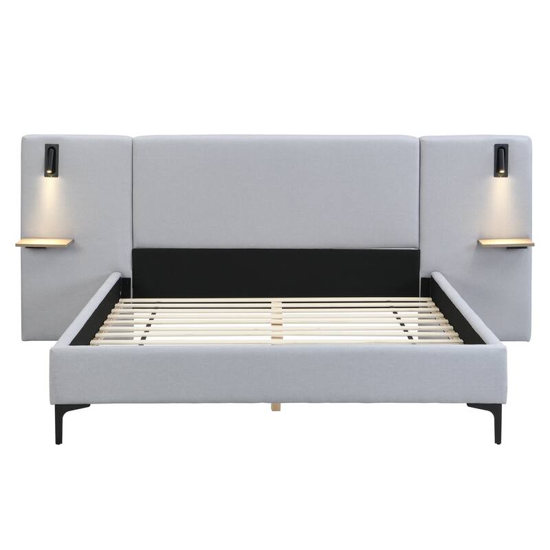 Grey Linen Platform Bed Upholstered Wingback Big Frame Bed with Bedside Lights and Shelves Storage Bed, Chic Panel Bed