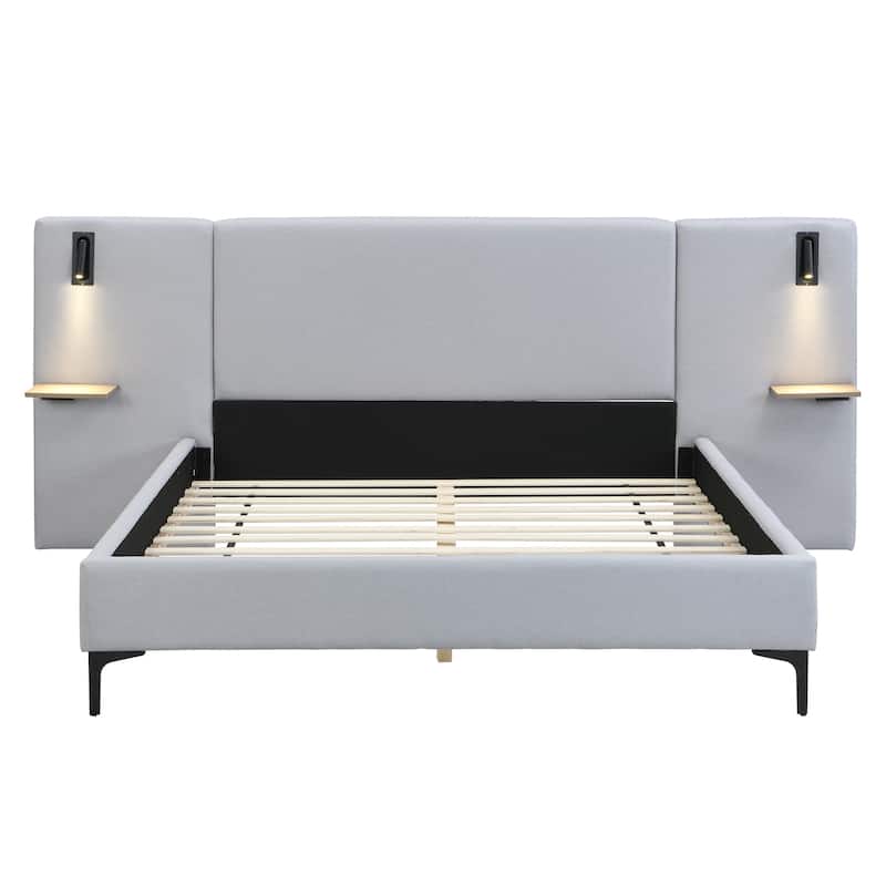 Grey Linen Upholstered Bed with Integrated Lights and Shelves, Queen Size