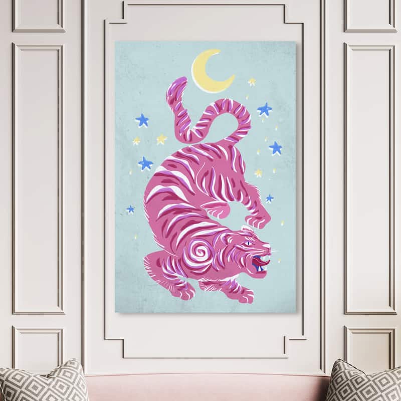 Wynwood Studio Canvas Animals Neon Lunar Tiger Pink and Pastel Yellow Modern & Contemporary Wall Art Canvas Print - 54 x 36