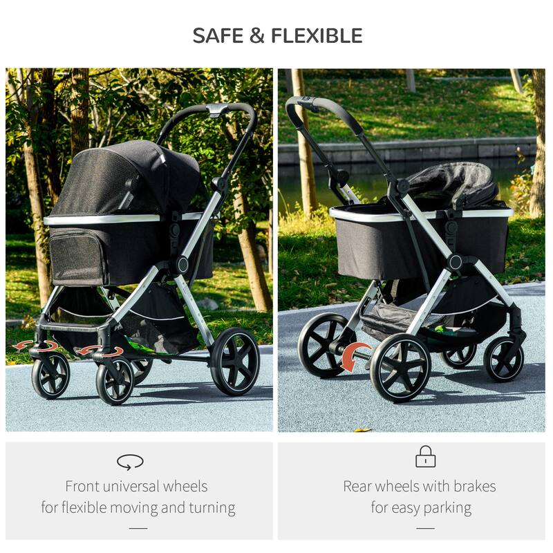 PawHut 2 in 1 Pet Stroller for Small Dogs and Cats, Folding Dog Stroller with Storage Basket, Removable Carriage