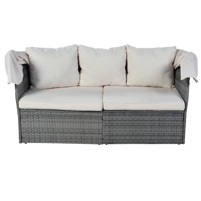 6-Pieces Outdoor Patio Rattan Round Daybed Sunbed Set with Retractable Canopy and Lift Table