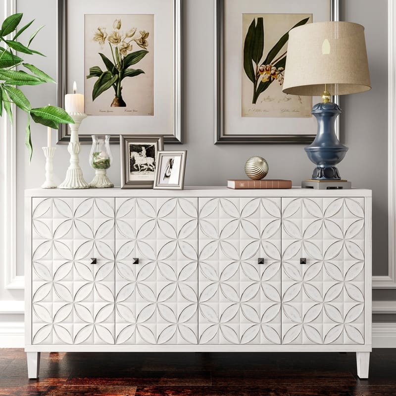 White Wash Storage Cabient with Doors and Shelves,Sideboard Cabinet with Adjustable Shelves - White Washed