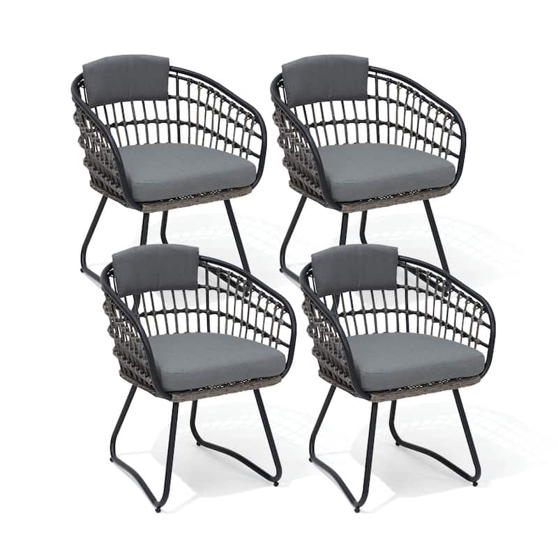Outdoor Wicker Chairs Patio Dining Chairs Cushioned PE Rattan Seating Set - Gray, 4PCS