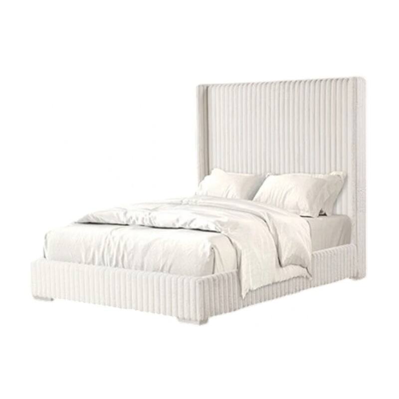 Wolo Twin Bed, White Fur Chenille Ribbed Upholstery, Wing Headboard