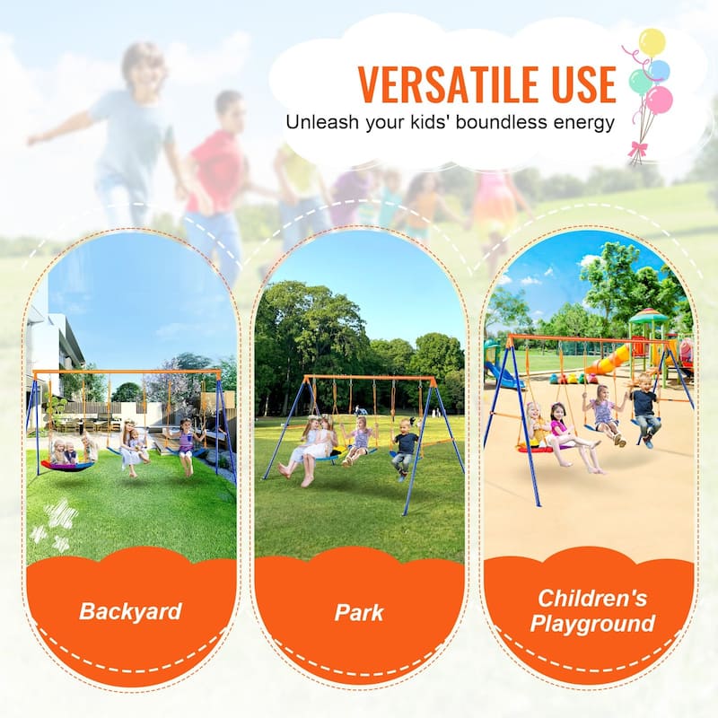 Swing Sets Included 1 Saucer 2 Belt Swing Seats with A-Shape Frame Metal Stand - 120"L x 72.01"W x 65"H