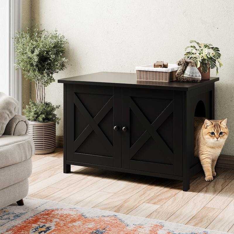 Modern Cat Cage Cabinet with Litter Box Enclosure, Multi-Functional Pet Furniture - Black