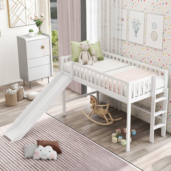 slide 2 of 26, Contemporary Twin Size Low Loft Kids Bed with Ladder,Guardrail,Slide White