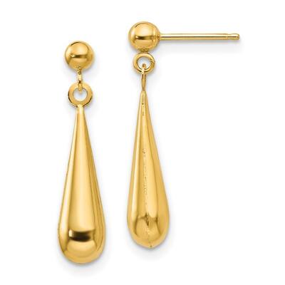 Curata 14k Yellow Gold Polished Puff Tear Drop Dangle Earrings (4mm x 22mm)