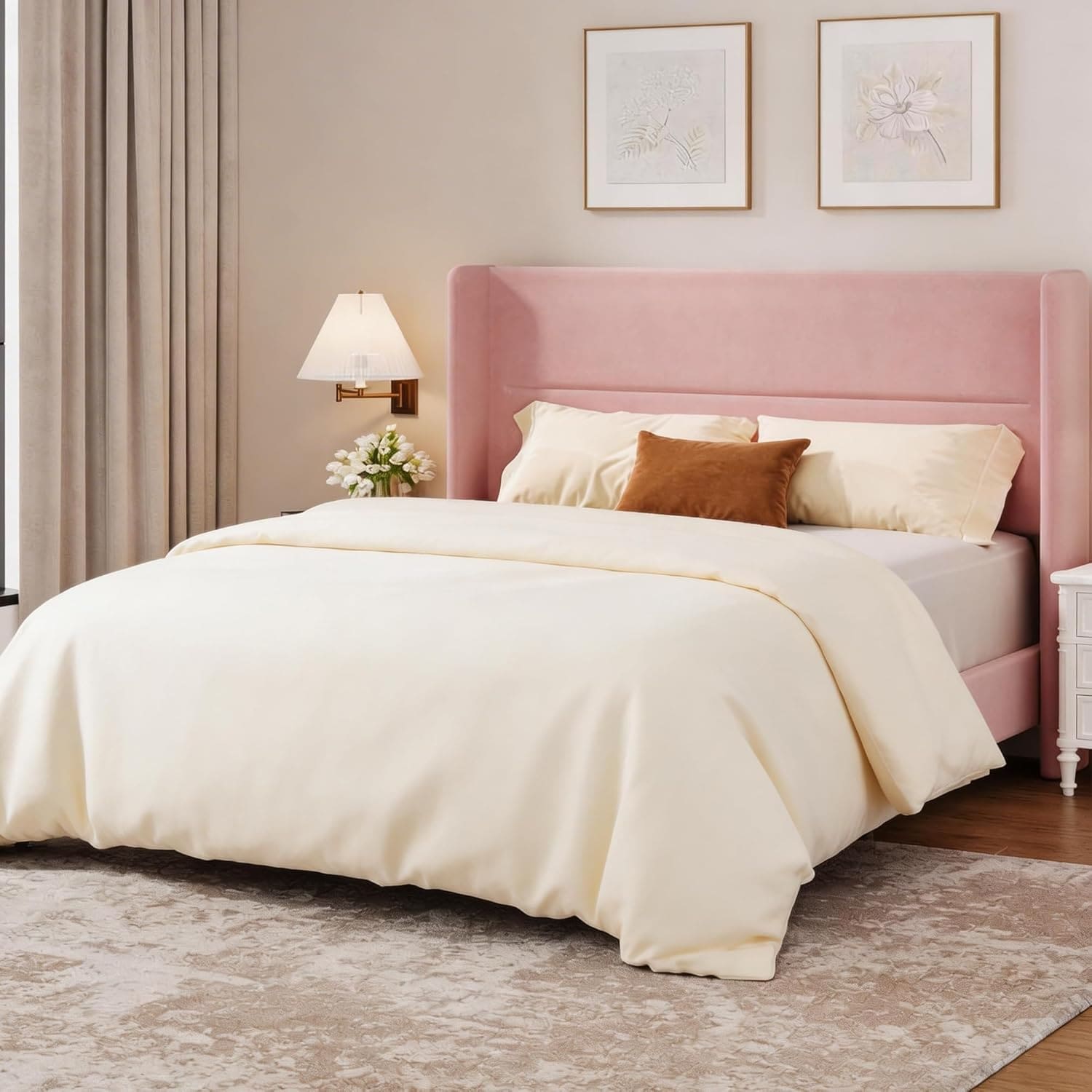 Full Velvet Bed Frame with Wingback Headboard, Upholstered Platform Bed with Wood Slats, No Box Spring Needed, Grey