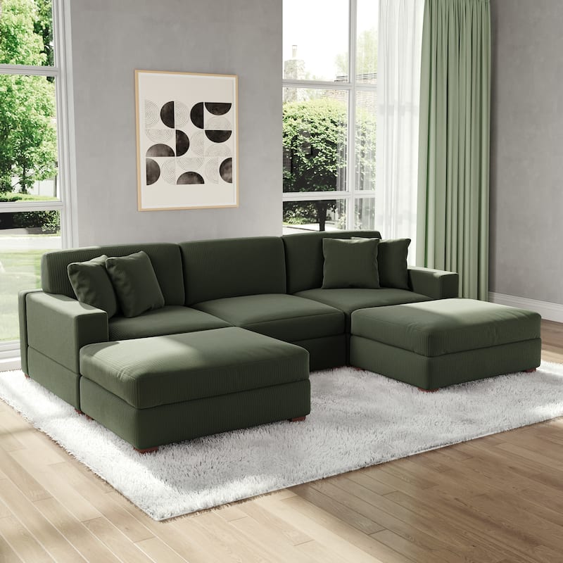 Modular Corduroy Sectional Sofa Set Chaise Couch with Ottoman