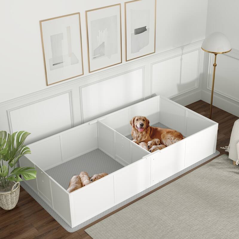 PawHut Whelping Box for Dogs and Puppies, Dog Whelping Box with Washable Waterproof Pee Pad & Adjustable Door for Large Dogs - White - 96.1" L x 47.2" W x 18.9" H