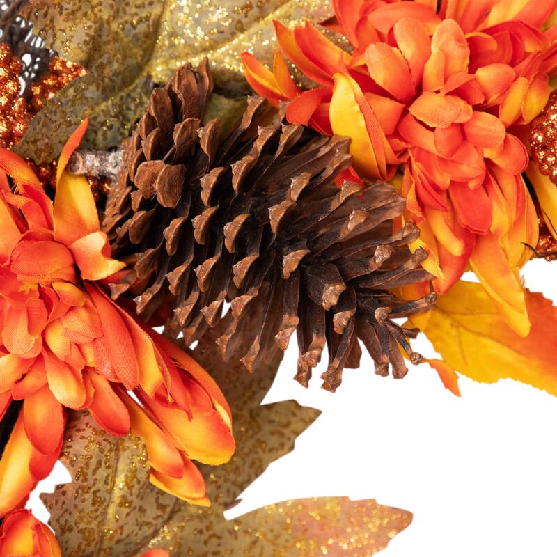 Mums and Acorns Glittered Artificial Fall Harvest Floral Twig Wreath - 22"
