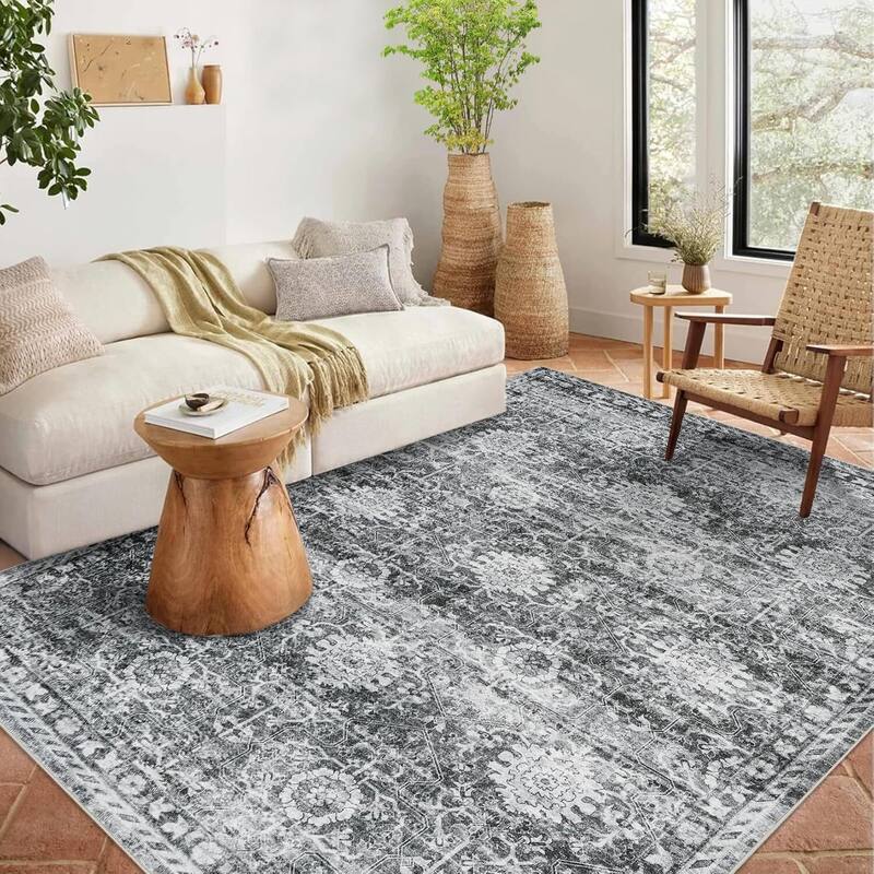 Vintage Boho Washbale Floor Cover Area Rug for Bedroom, Living Room, Black + Grey - 1'6" x 2'6" - Black 5' x 7'