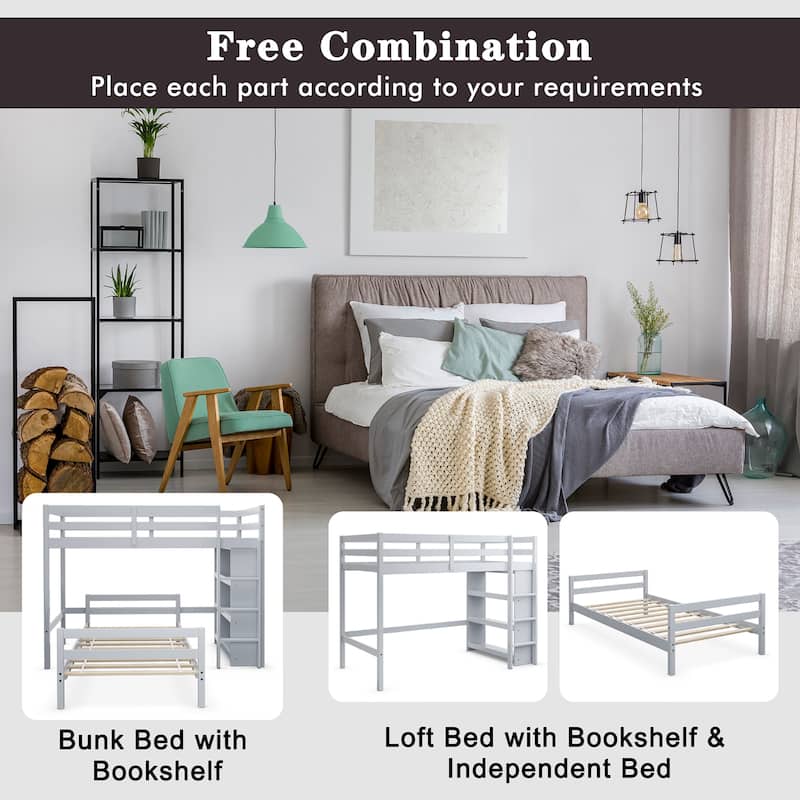 Costway Twin Over Twin Loft Bunk Bed Wood w/Bookcase Guardrail Ladder - 79.5'' x 44'' x 58.5''