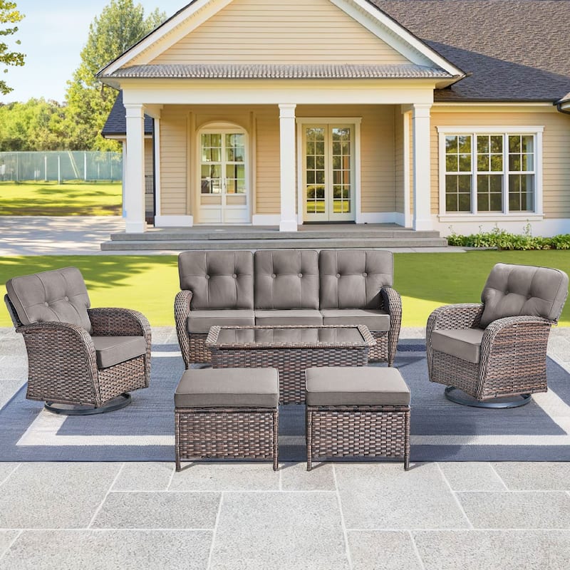 6 Pieces Pocassy Sofa Table Ottoman with Swivel Chairs - Brown Wicker & Red Cushion