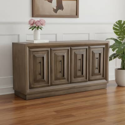 HomeRoots 78" Brown Solid Wood Carved Geometric Sideboard with Four Doors - 78.00 in. x 39.00 in. x 17.00 in.