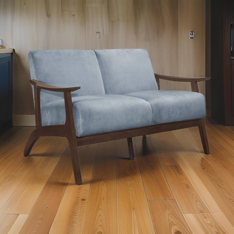 Rica 51 Inch Loveseat, Soft Blue Gray Velvet, Walnut Brown Solid Wood