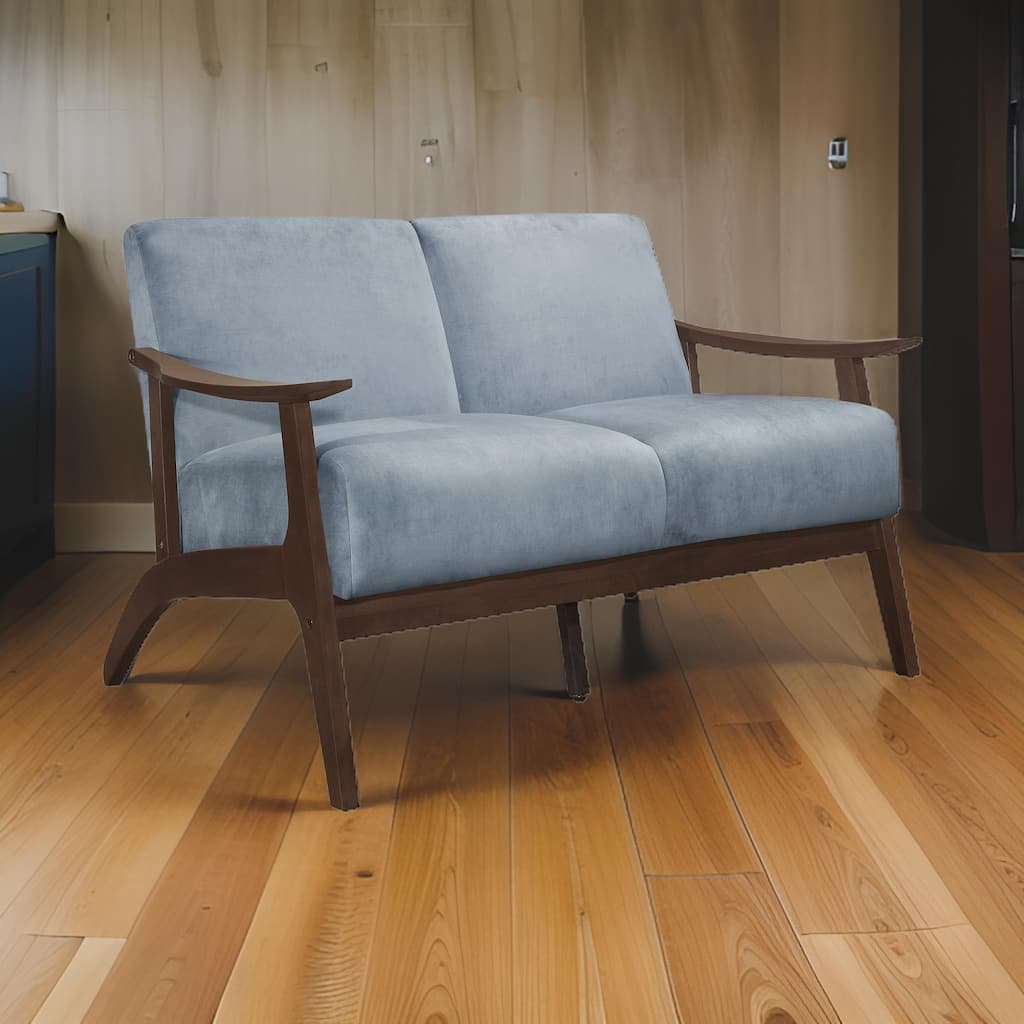 Rica 51 Inch Loveseat, Soft Blue Gray Velvet, Walnut Brown Solid Wood