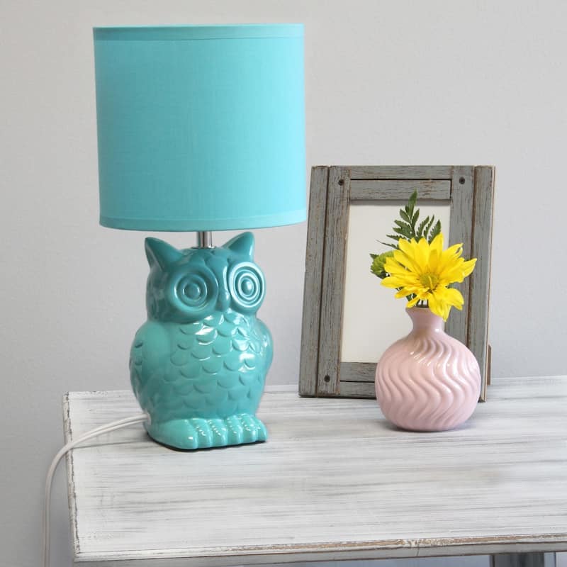 Tall Ceramic Owl Bedside Table Desk Lamp with Drum Shade - 12.75" - Tiffany Blue
