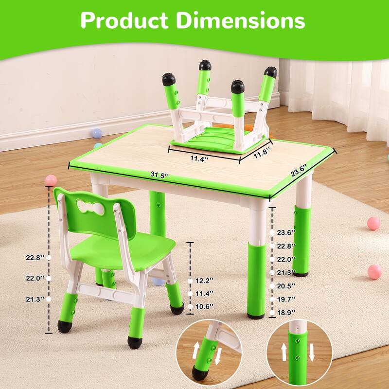 Kids Table and Chairs Set, Height Adjustable Desk With 4 Seats