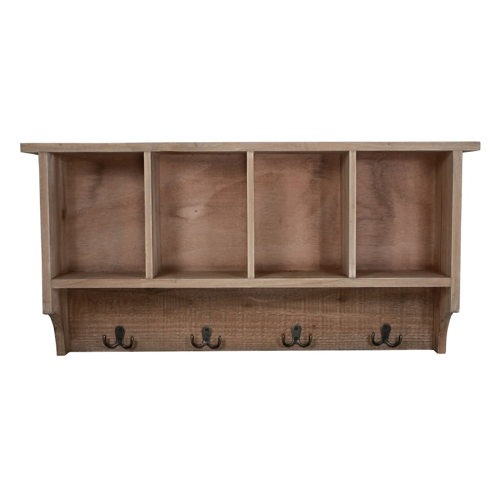 29.5" Brown Wood Decorative Wall Hanging Storage with 4 Hooks