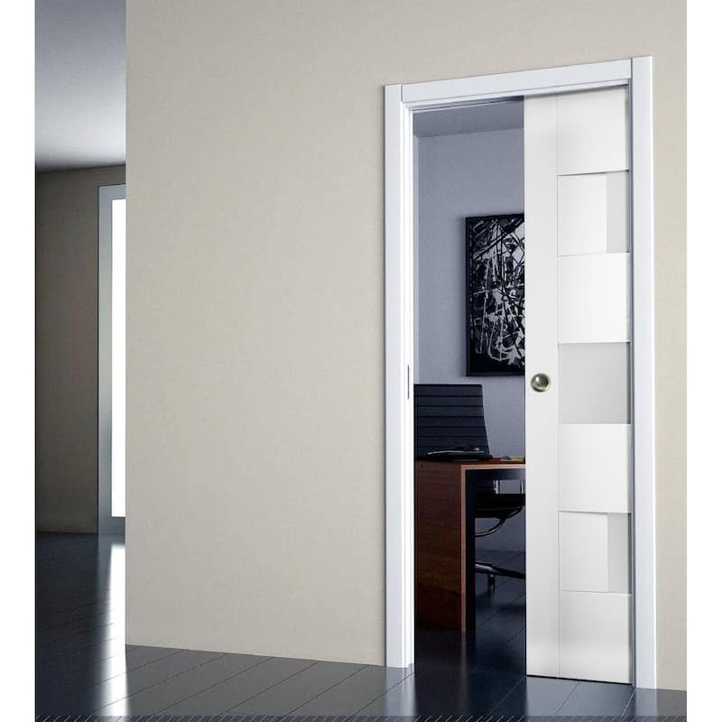Sliding Pocket Door with Opaque Glass / Sete 6933 White Silk / Kit Rail Hardware / MDF Interior Bedroom Modern Doors