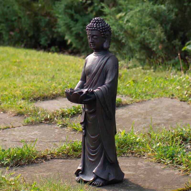 19.5" Gray Standing Buddha with Lotus Outdoor Garden Statue