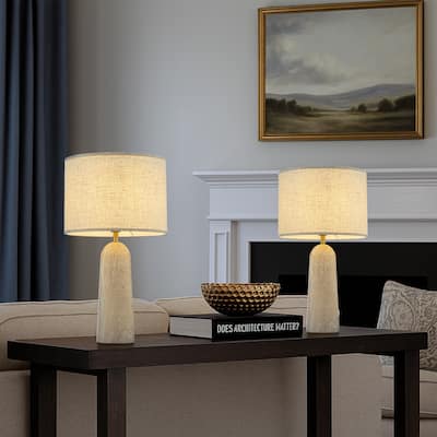 1-Light 21'' Vintage Classic Natural Travetine Tapered Table Lamp With Beige Linen Shade For Bedroom and Living Room（2-Pack）