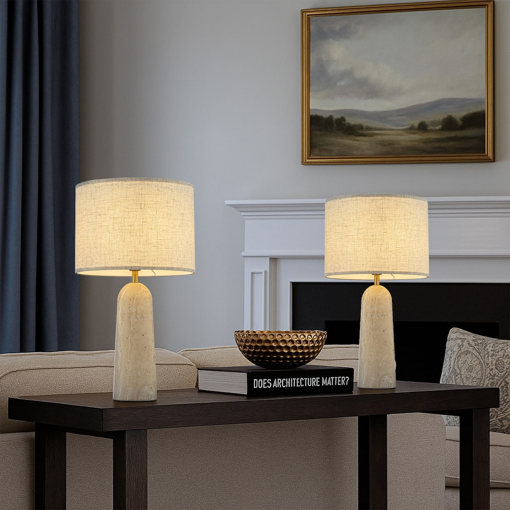 1-Light 21'' Vintage Classic Natural Travetine Tapered Table Lamp With Beige Linen Shade For Bedroom and Living Room（2-Pack）