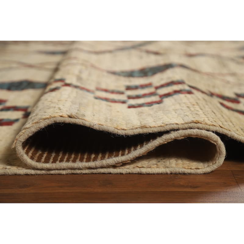 Geometric Moroccan Oriental Area Rug Hand-Knotted Beige Wool Carpet - 6'6" x 9'7"
